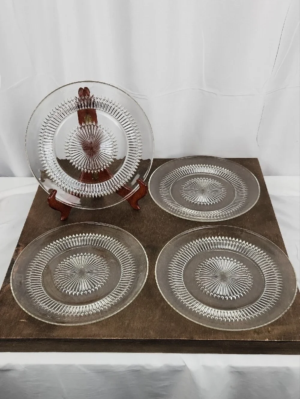 Vintage Pressed Glass Serving Plates Set of 4 Starburst Cut Rear Impressions
